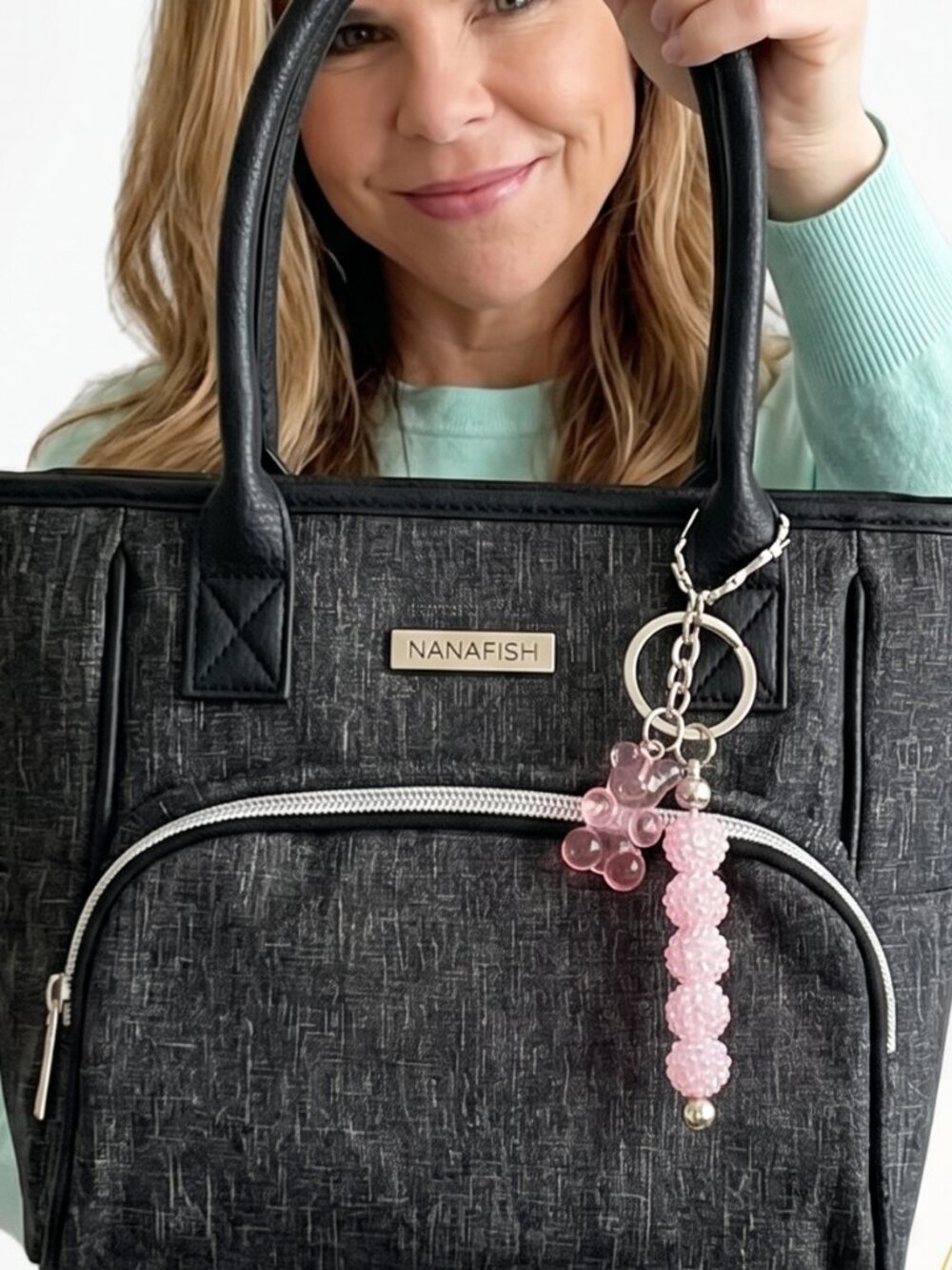 Pink Beaded Keychain with Bear Charm